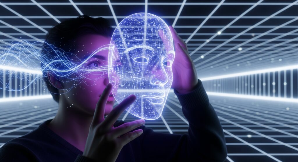Gemini_Generated_Image_pjt70wpjt70wpjt7 A conceptual image of a person holding a glowing, translucent, digital mask of another person's face. They are about to place this digital mask over their own face in a video frame. The background is a clean, futuristic grid, and the mask itself has lines of data flowing over it, symbolizing the AI technology at work. The mood is modern, creative, and slightly magical.