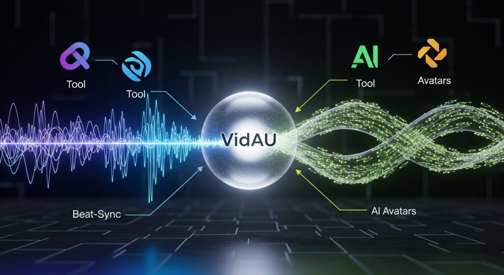 A futuristic 3D render from 2025. Two powerful streams of energy—one a rhythmic sound wave for "Beat-Sync" and the other a flowing ribbon of "AI Avatars"—are shown merging together seamlessly into a single, glowing orb with the VidAU logo. In the background, other tool logos are shown with only one of the streams, unable to combine them. The visual clearly shows VidAU's unique fusion of capabilities.