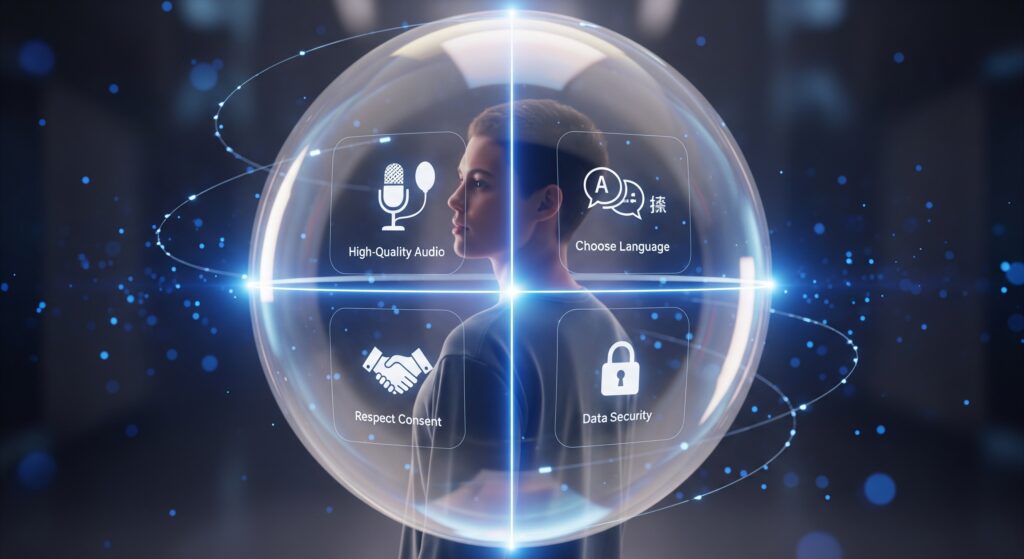 – VidAU.ai A conceptual 3D render from 2025. A user is shown in the center, surrounded by a large, glowing, translucent shield. The shield is divided into four sections, each with a clear icon representing a best practice: 1) A professional microphone for "High-Quality Audio." 2) A language selection icon for "Choose Language." 3) A handshake for "Respect Consent." 4) A padlock for "Data Security." The image powerfully visualizes how these practices protect the user. translate voice to text