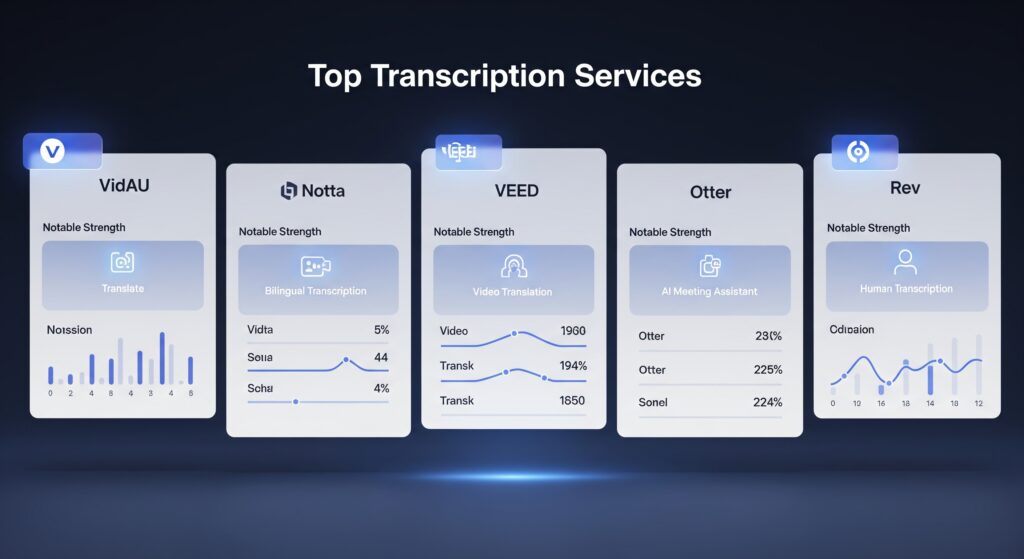 – VidAU.ai A sleek, futuristic comparison dashboard from 2025 titled "Top Transcription Services." It features five distinct modules, one for each service: VidAU, Notta, VEED, Otter, and Rev. Each module displays the service's logo and highlights its "Notable Strength" with a glowing icon (e.g., a "Translate" icon for VidAU, a "Human" icon for Rev). The layout is professional, analytical, and easy to scan. translate voice to text