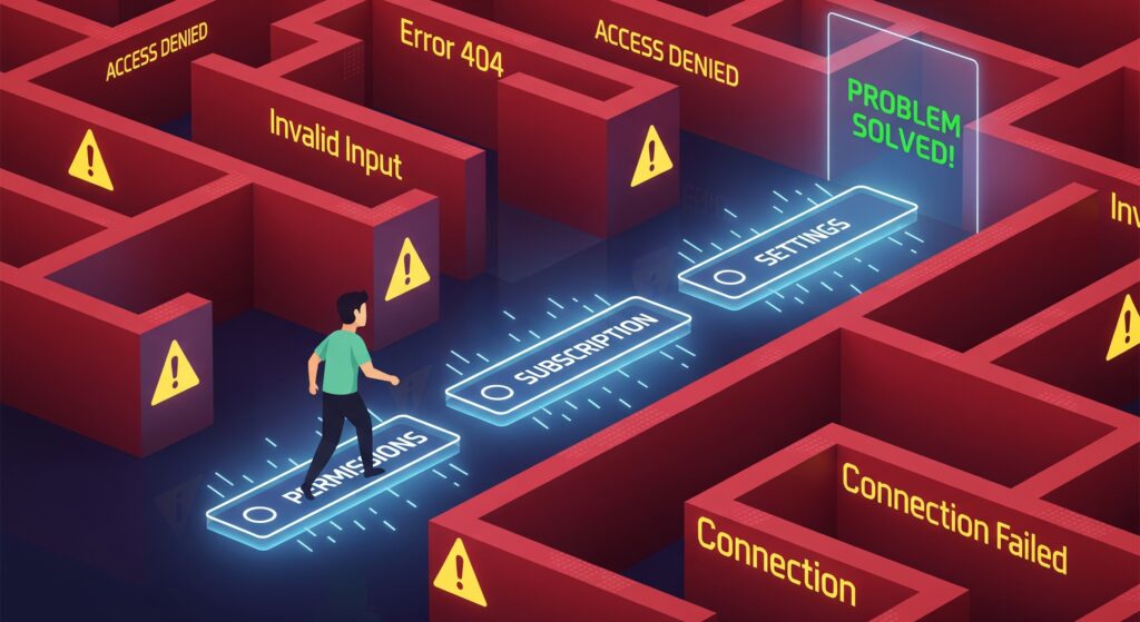 – VidAU.ai A digital illustration showing a user navigating a simple maze that represents a technical problem. The "walls" of the maze are error messages. The path to the exit is illuminated by glowing keys, each representing a solution from your guide: a "Permissions" key, a "Subscription" key, and a "Settings" key. The user is shown confidently walking the clear path to the "Problem Solved!" exit.translate voice to text