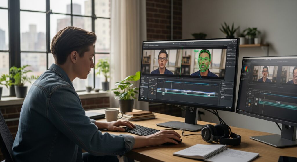 A photorealistic shot of a creative professional in their modern New York studio in 2025. They are working on a face-swap project on a large monitor. On the screen, they are using a preview tool to check the alignment on a short 5-second video segment before committing to the full render. Their expression is one of careful, meticulous craftsmanship, highlighting a professional workflow.
