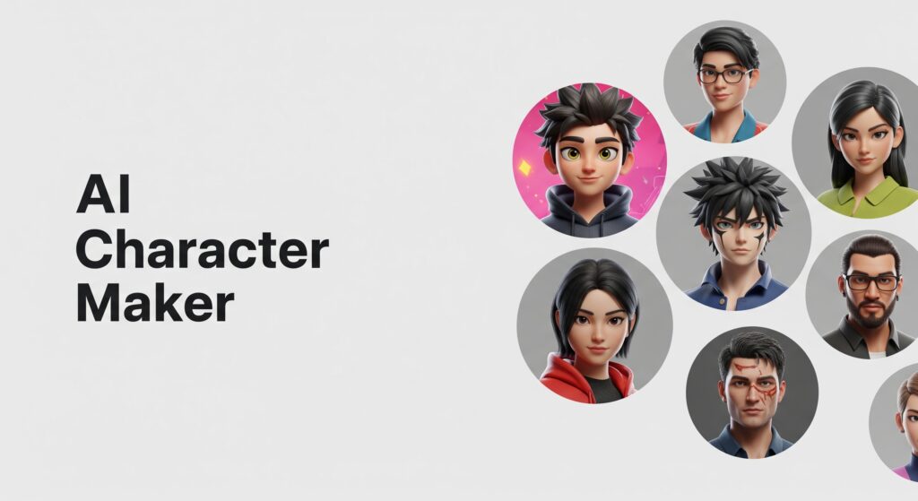 A clean grey background with modern, bold typography on the left that reads "AI Character Maker." On the right, a gallery of diverse, high-quality 3D avatars is displayed in circular portraits. The avatars showcase a range of styles, from stylized cartoon to anime and semi-realistic, representing the tool's versatility