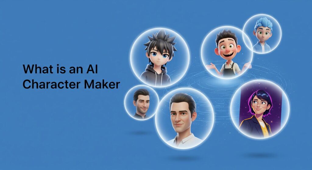 A minimalist and futuristic design for an AI Character Maker in 2025. On a solid blue background, sleek black text on the left reads "What is an AI Character Maker." On the right, several holographic circles float in a dynamic composition, each displaying a different style of 3D character avatar—one anime, one Pixar-style, one photorealistic. The overall aesthetic is clean, high-tech, and professional.
