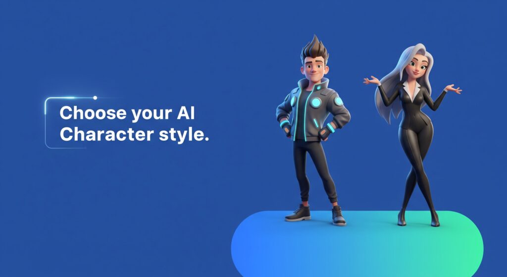 A minimalist and futuristic design for a character creator in 2025. The layout is clean and asymmetrical on a solid blue background. On the left, sleek typography reads "Choose your AI Character style." On the right, two high-quality 3D cartoon characters are posed dynamically. A vibrant, rounded color pop of blue and green gradient is at the bottom of the frame, creating a modern, engaging look.