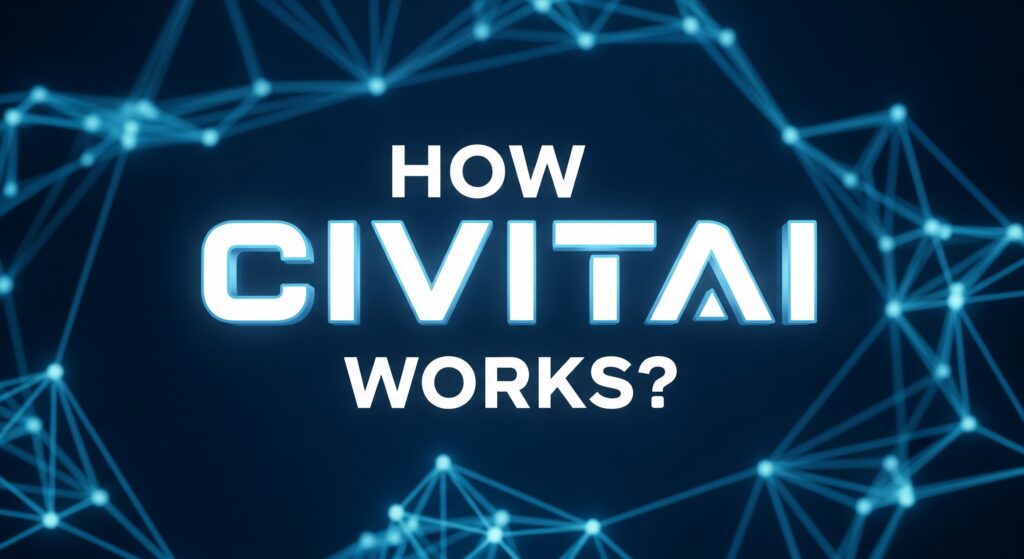 A tech logo for "CIVITAI" from 2025. The word "How CIVITAI Works?" is written in a bold, white, futuristic blocky font with a subtle blue gradient. The logo is centered on a dark blue background that features a glowing light blue plexus network of interconnected nodes and lines. The overall aesthetic is clean, modern, and high-tech.