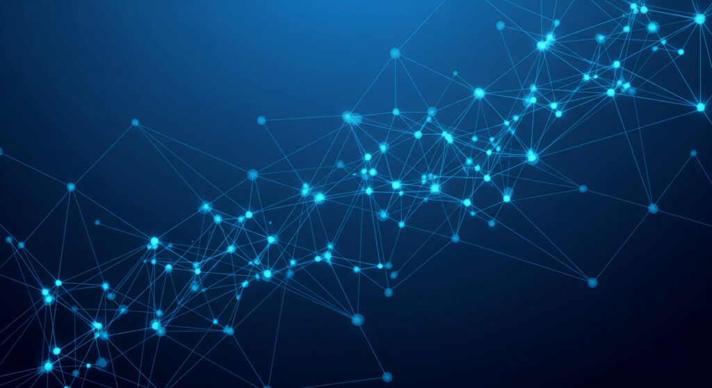 A futuristic tech background with a dark blue gradient. A glowing light blue plexus network of interconnected nodes and lines is spread across the image, creating a sense of a digital neural network or data connections. The style is clean, high-tech, and modern, suitable for a tech company logo background.