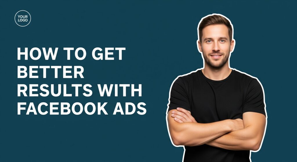 A professional marketing thumbnail from 2025. On the right, a clean cutout photo of a confident Caucasian man in his 30s, wearing a black t-shirt with arms crossed, looking directly at the camera. The background is a solid, dark teal-blue. On the left, the bold, white, all-caps text "HOW TO GET BETTER RESULTS WITH FACEBOOK ADS" is prominently displayed.