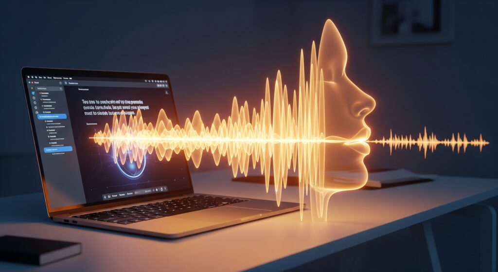 AI Voice generator A conceptual 3D render from 2025. A glowing sound wave emerges from a laptop running VidAU's text-to-speech tool. The sound wave is not a simple line; it's warm, has depth, and subtly takes the shape of a human face in profile, with the lips perfectly synced to the narration. The image powerfully visualizes the creation of a 'human-like' voice from a script. AI Voiceover generator