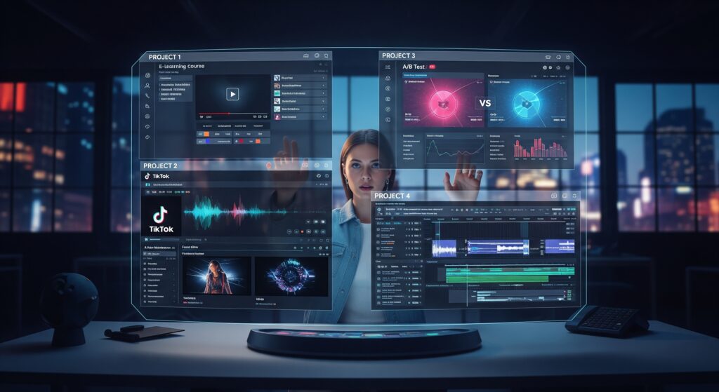 A cinematic shot of a futuristic content creator's command center in a modern New York office in 2025. On a large, holographic dashboard, four different projects are actively being worked on: 1) An e-learning course with multilingual subtitles. 2) A fast-paced TikTok video with engaging AI narration. 3) An A/B test of two different ad campaigns. 4) A professional podcast timeline being edited. The scene is a powerful display of productivity and versatility.