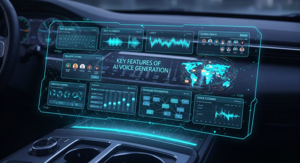 A cinematic shot of a futuristic, holographic dashboard from 2025, displaying the "Key Features of AI Voice Generation." It features interactive modules for each feature: a "Text-to-Speech" converter, a gallery of "Realistic Voices," a world map for "Global Reach," a detailed editor with sliders for "Creative Control," a workflow diagram for "Seamless Integration," and a "Voice Cloning" analysis tool. The design is clean, high-tech, and data-rich.
