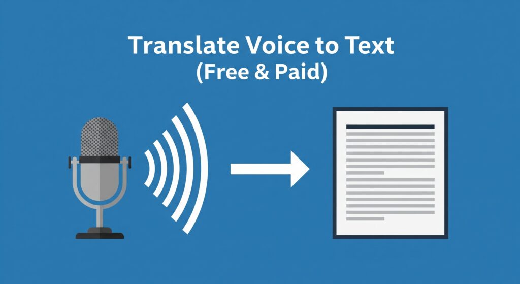 – VidAU.ai A modern infographic for a tech service from 2025. On a solid blue background, the text "Translate Voice to Text (Free & Paid)" is displayed at the top in a bold, clean sans-serif font. Below the text, a gray professional microphone on the left has sound waves emanating from it, which are converted into a text document on the right, shown by a large arrow. The style is clean, minimalist, and flat. translate voice to text. translate voice to text