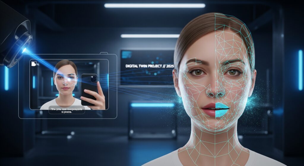 A futuristic, cinematic shot showing a "digital twin" being created in 2025. On the left, a person's face from a short selfie video is being scanned by a high-tech AI. On the right, a perfectly photorealistic, 3D AI avatar of that same person is being rendered, with glowing lines mapping its facial geometry and lip movements. The visual clearly shows the transformation from a simple video into a "digital human.