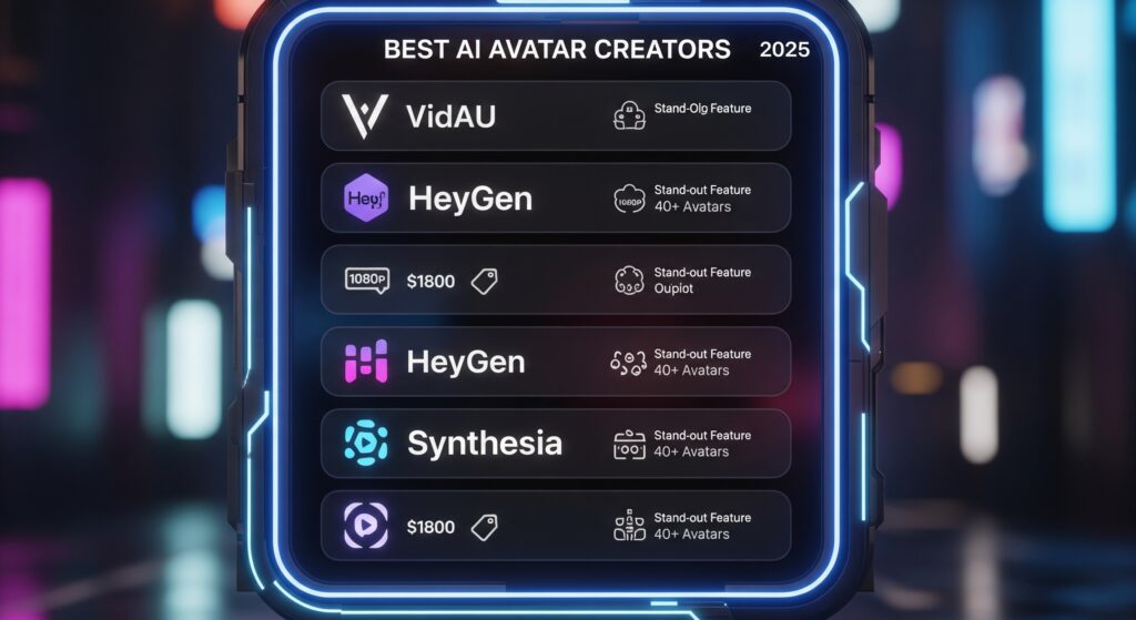 A sleek, futuristic leaderboard from 2025 showcasing the "Best AI avatar makers." It features seven distinct slots, each with the logo of a tool like VidAU, HeyGen, and Synthesia. Below each logo, key features are displayed as simple, glowing icons: a "1080p" icon, a price tag icon, and a unique "Stand-out Feature" icon (e.g., a "40+ Avatars" icon for VidAU). The layout is clean, professional, and easy to compare.