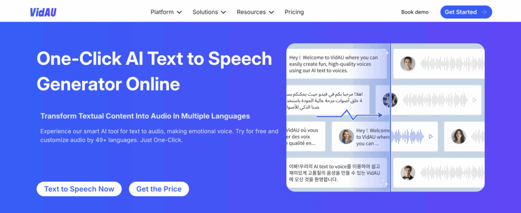 VidAU's AI voice generator interface showing script input and voice selection