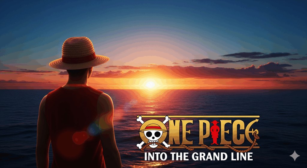 One PIeice Image – VidAU.ai A cinematic poster featuring a person from behind, wearing a straw hat and a red sleeveless top, looking out at a vast ocean with a dramatic sunset on the horizon. The sky is a mix of blues and oranges. In the foreground, there's a title overlay that says "ONE PIECE" with a skull and crossbones emblem integrated, and "INTO THE GRAND LINE" below it. anime movies