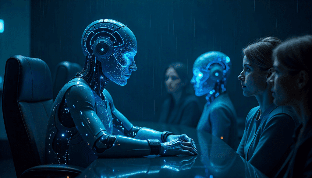 ai attractiveness test – VidAU.ai Futuristic robots analyzing human faces in a digital setting, symbolizing an AI attractiveness test evaluating beauty and appearance.