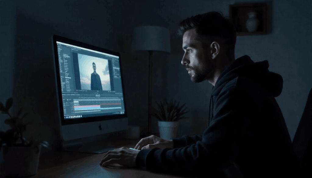 Person editing footage with a video background remover on a desktop monitor