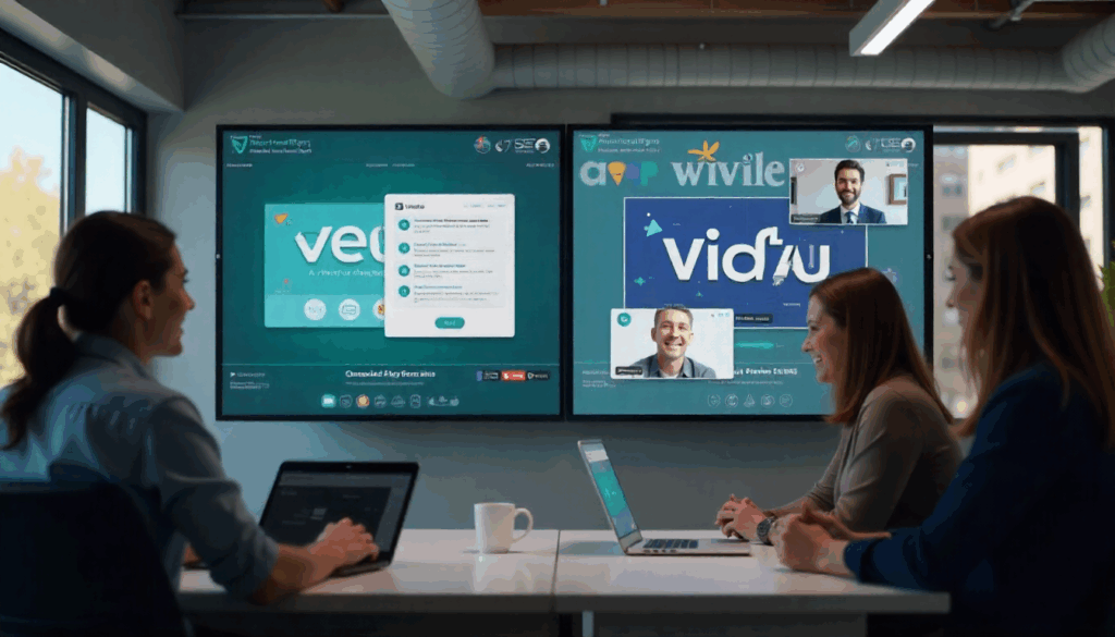 Team in a meeting comparing software on big screens, showing veed vs vidau side by side for video editing features.