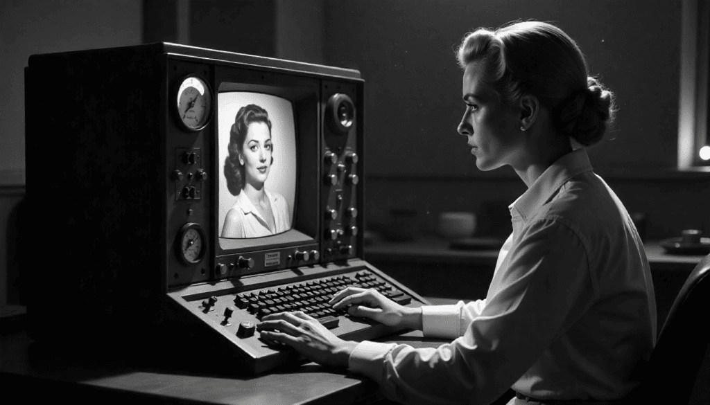 Vintage photo of a woman at a retro computer, symbolizing an ai image describer generating captions from a portrait.