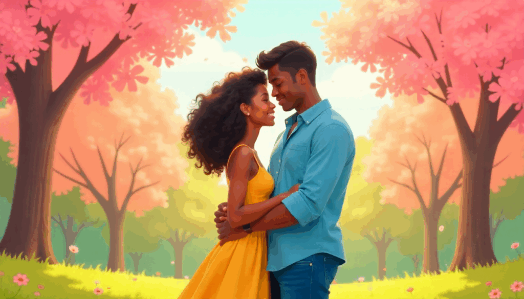 Animated couple embracing under pink blossom trees, symbolizing a romantic hug and kiss gif moment