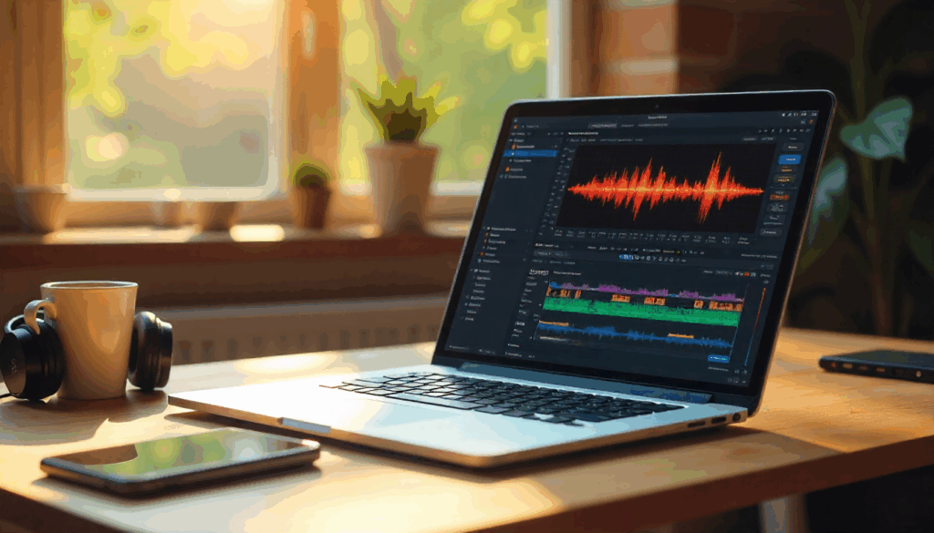 Laptop with audio trimmer editing an MP3 waveform