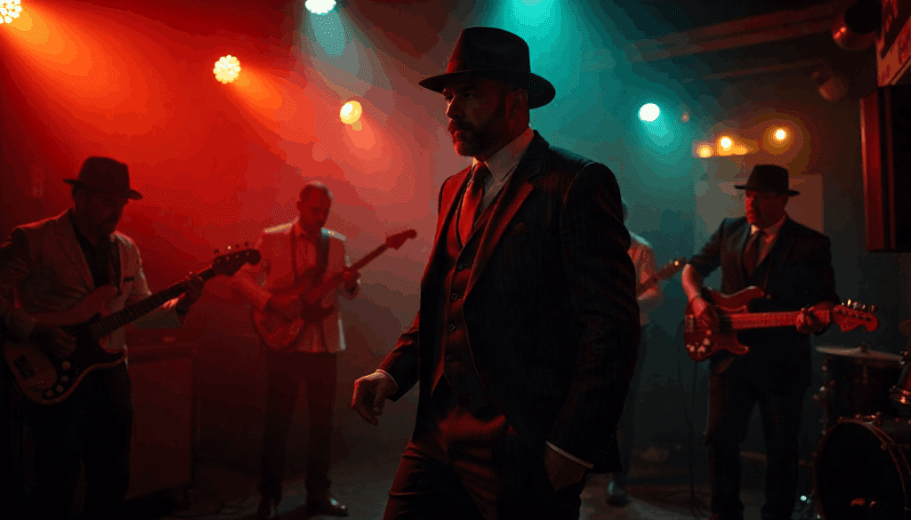 Band performing live under colorful stage lights, illustrating an online sound test atmosphere with music and audio checks.