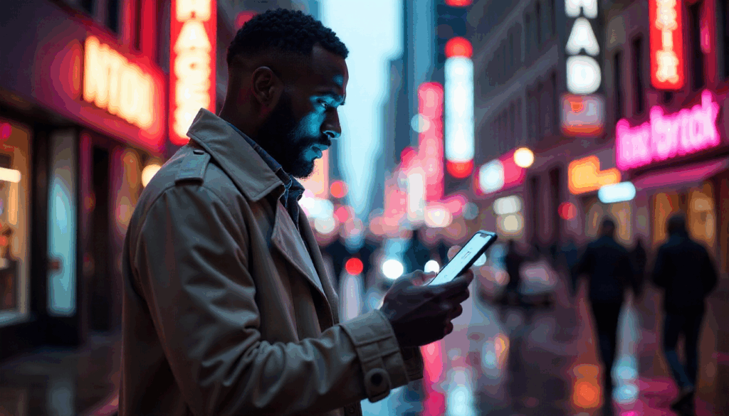 Man standing on a neon-lit city street at night, using his phone, symbolizing an ai talking photo experience in action.