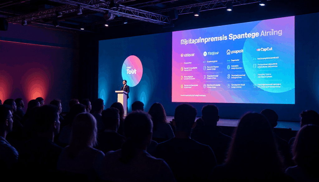 Audience watching a live presentation comparing video editors on stage, with a screen showing logos including CapCut, related to CapCut vs VidAU.