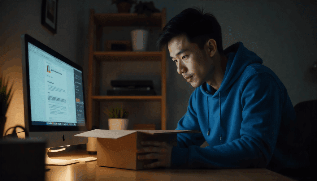Man at a desktop computer reading capcut reviews while unboxing a package at night