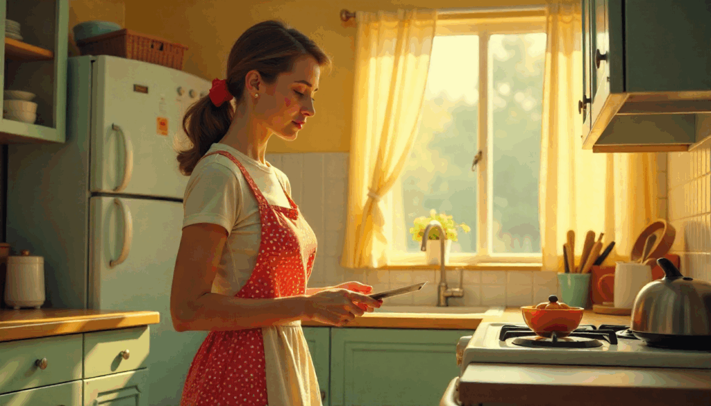 Woman in sunlit retro kitchen using tablet, ad creative ai.