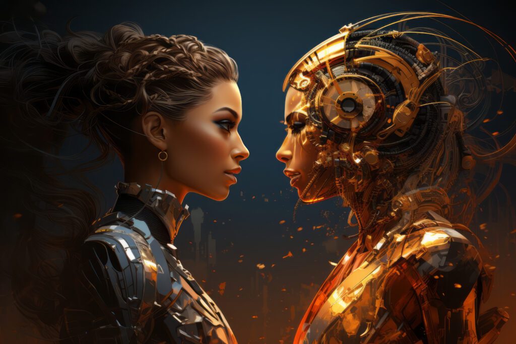 Two futuristic AI avatars face off, silver vs gold, symbolizing gemini vs chatgpt