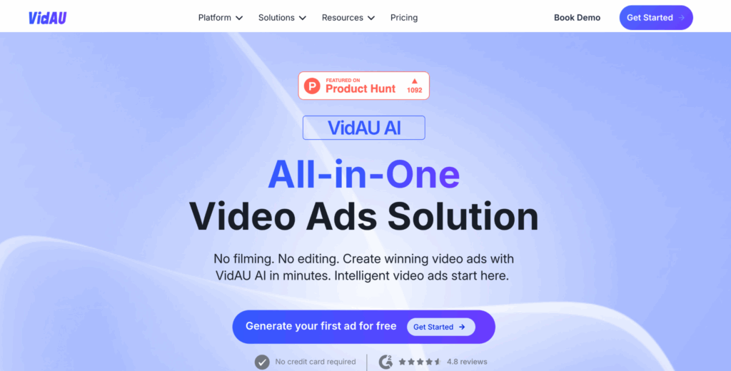 An image of VidAU AI video ads solution page. Daraz