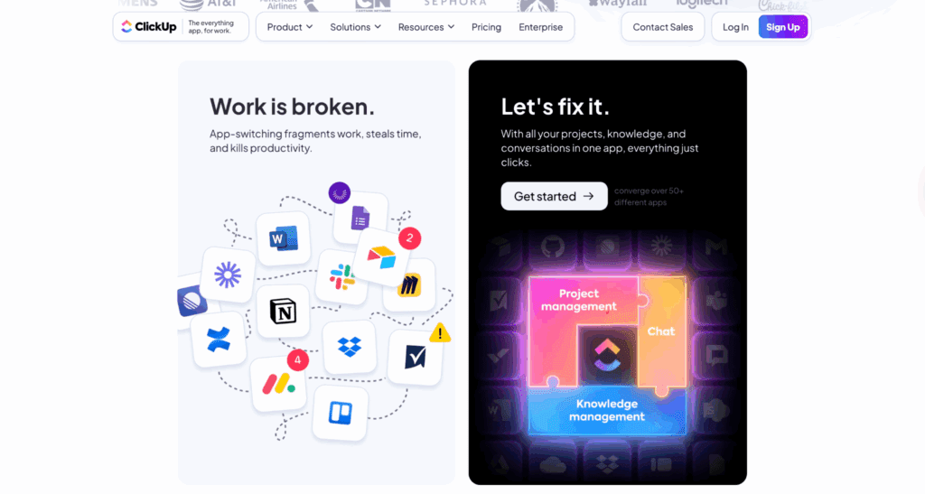 An image of ClickUp landing page – VidAU.ai ClickUp project management workflow illustration