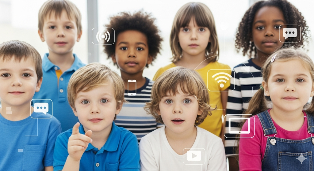 Generation Alpha kids with several social app icons