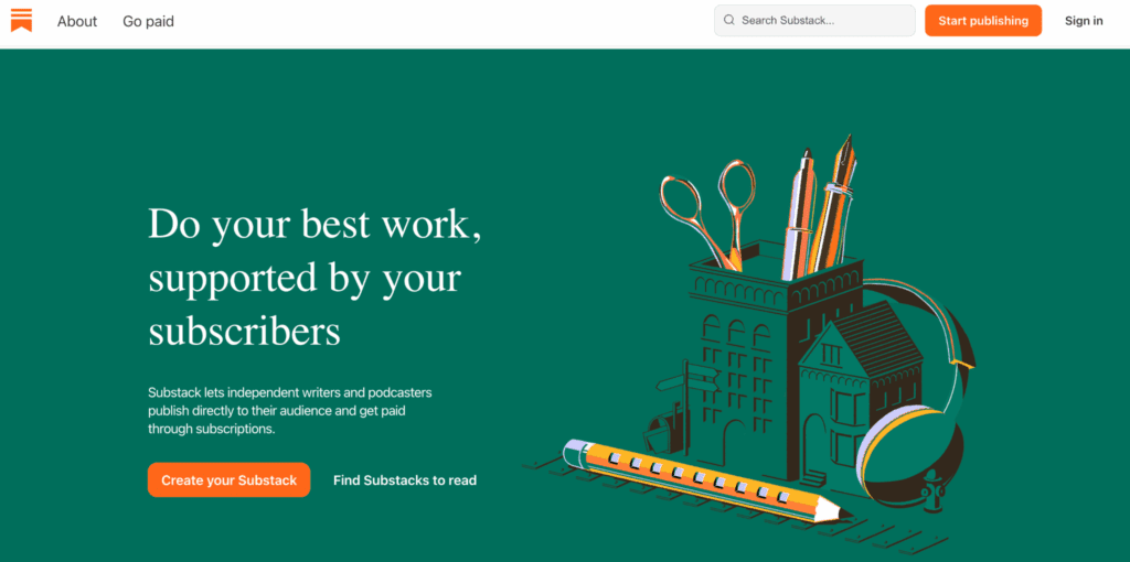 An image of Substack landing page