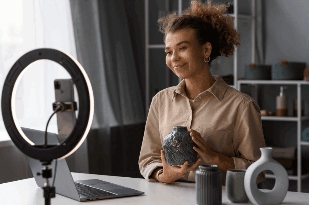 image – VidAU.ai A ugc content creator explaining how to use a product