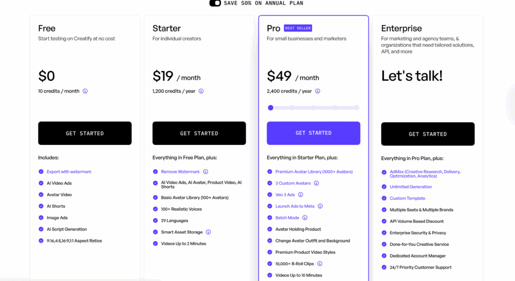 an image of creatify AI pricing plan – VidAU.ai an image of creatify AI pricing plan