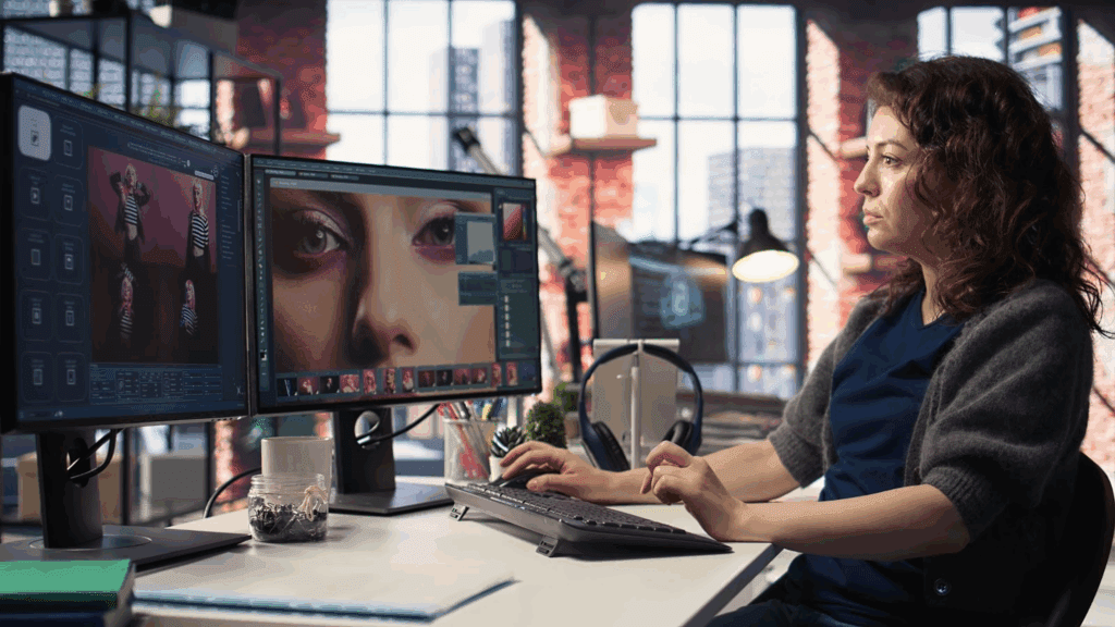 image – VidAU.ai A lady testing CapCut vs Inshot to edit videos