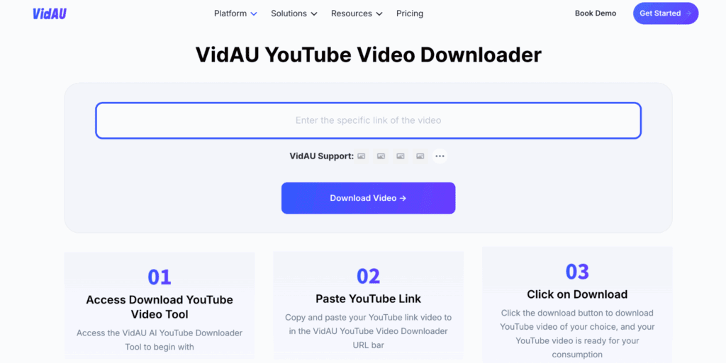 VIDAU AI page on how to download video from Youtube