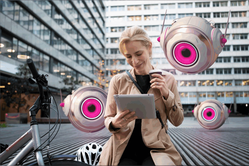 image – VidAU.ai A woman watching how to create video with images after learning the difference between Veed Vs VidAU