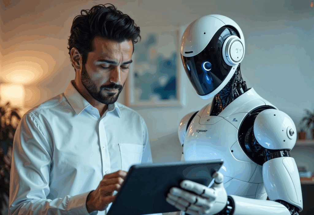 image – VidAU.ai A man trying to understand the best ai app for iphone