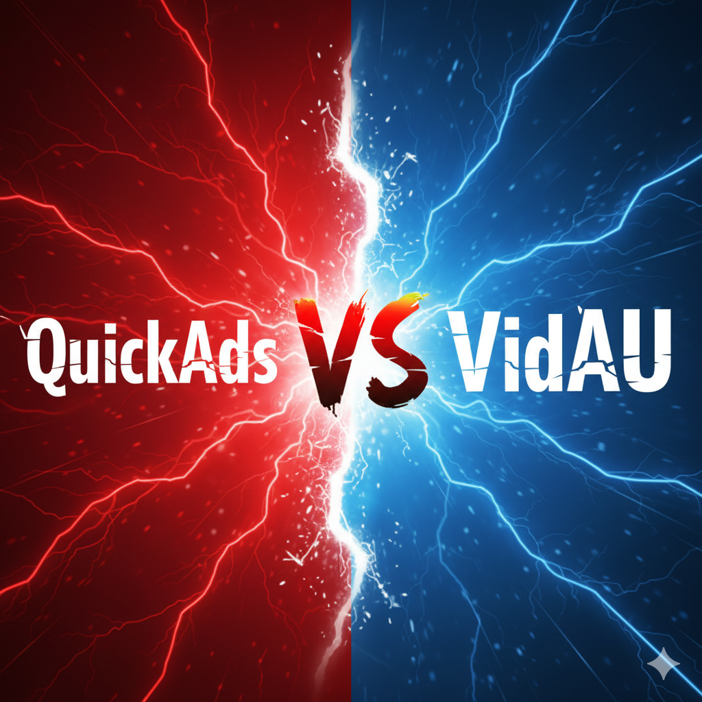 QuickAds vs VidAU – VidAU.ai A striking graphic with a vertical split background. The left half is a solid soft pastel green, and the right half is a gentle light peach with a subtle texture. Large, bold dark gray sans-serif text is centrally placed across the split, reading 'QuickAds vs VidAU', with 'VS' slightly smaller. The overall aesthetic is calming, clean, and presents a gentle comparison. QuickAds