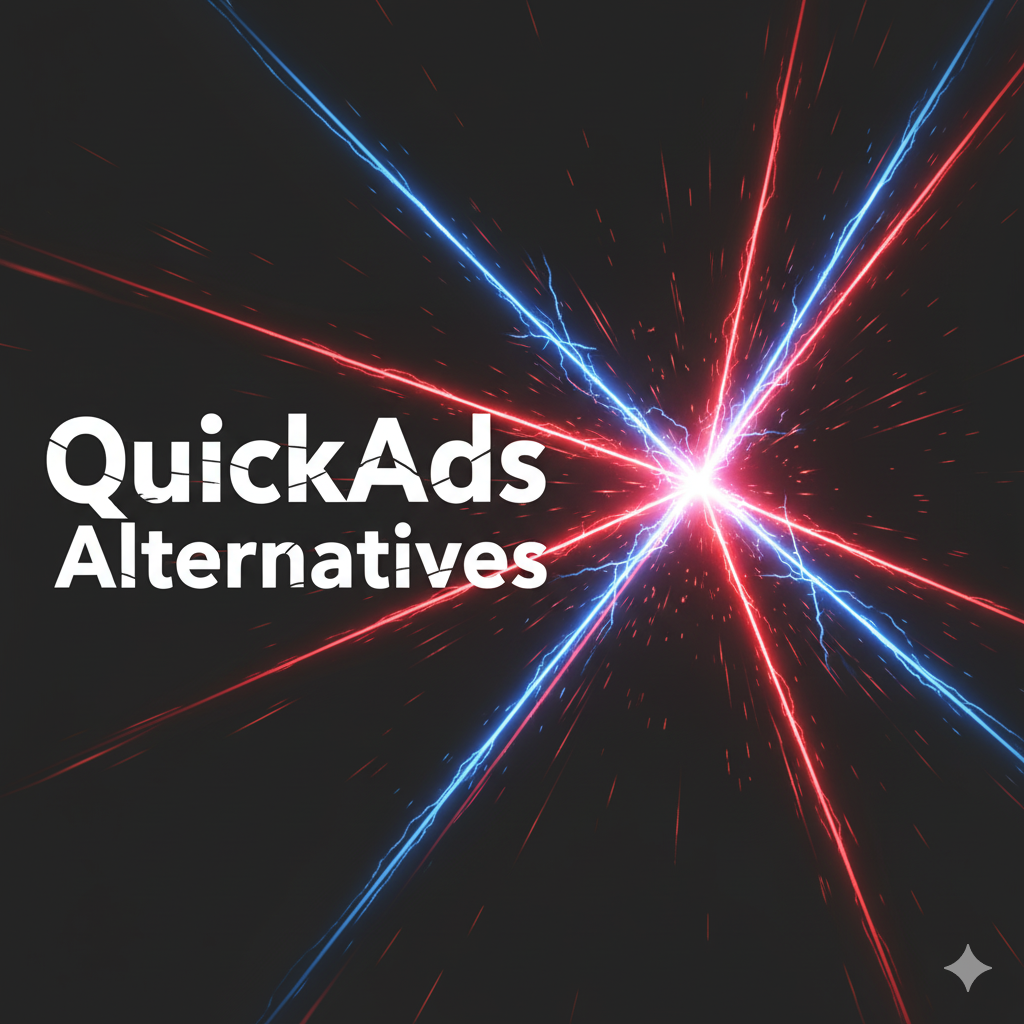 "A dynamic, dark-themed graphic on a deep charcoal background with glowing red and electric blue streaks emanating from the center. On the left side, prominent white sans-serif text is centrally aligned, with 'QuickAds' on top, and 'Alternatives' below. The overall aesthetic is aggressive, high-energy, and conveys a fierce confrontation. QuickAds Alternatives