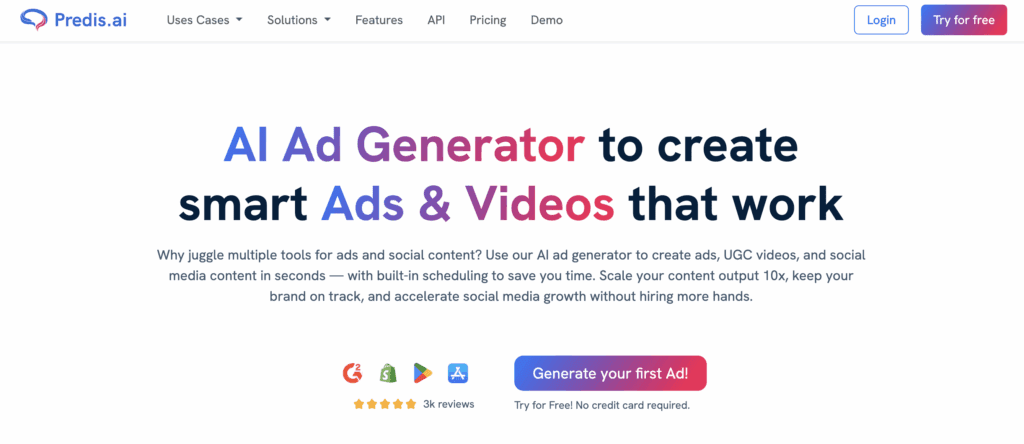 A screenshot of Predis AI landing page