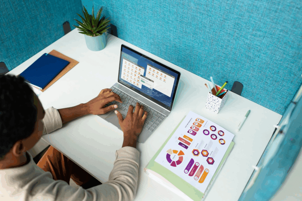 Infographic maker image with lady designing 