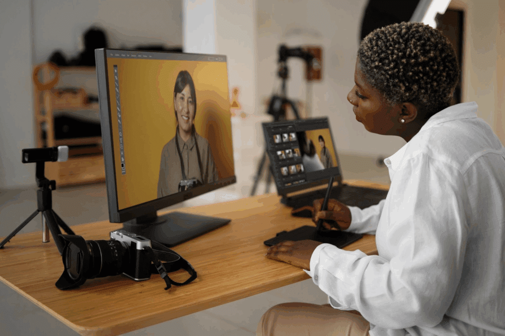 Lady working with picture to Video AI
