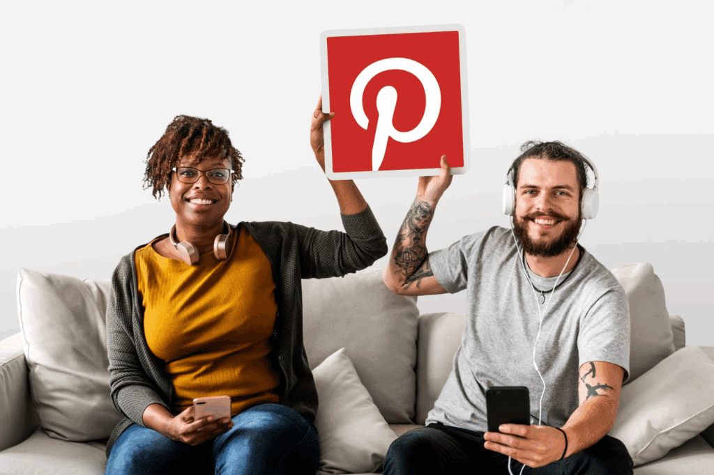 image – VidAU.ai Couple using the pinterest icon to explain how to create a pinterest quiz ad