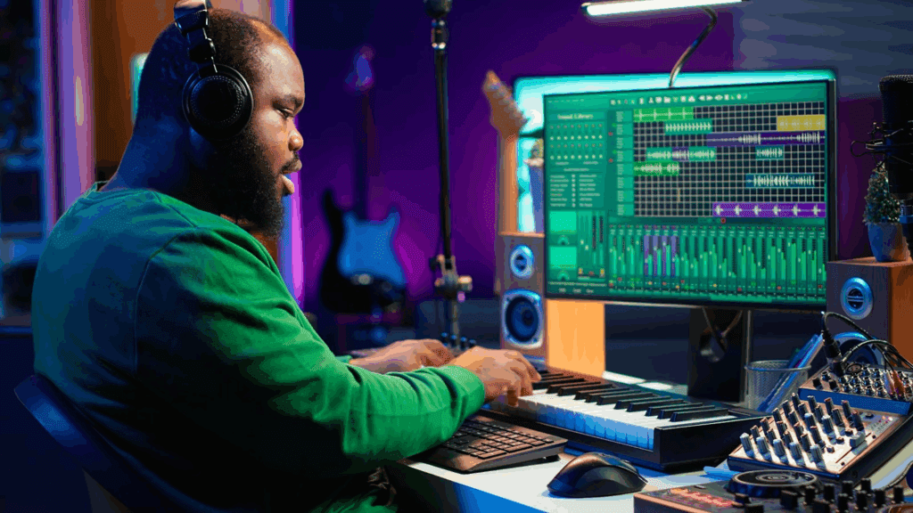 image – VidAU.ai A producer working on a stereo sound test
