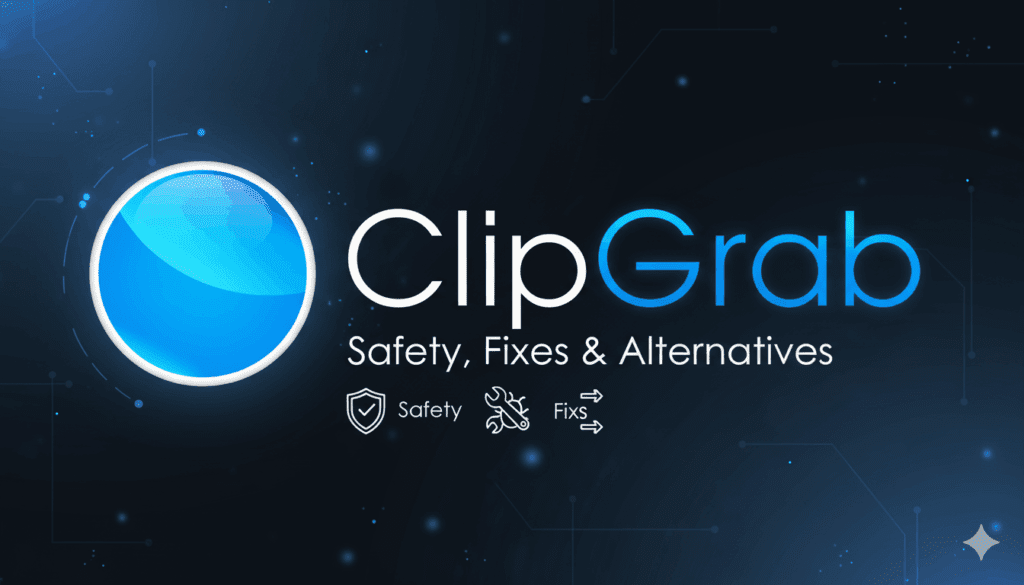 Clipgrab “Abstract blue orb with a curved highlight beside the word ‘ClipGrab’ and the subtitle ‘Safety, Fixes & Alternatives’ on a soft gray background.”